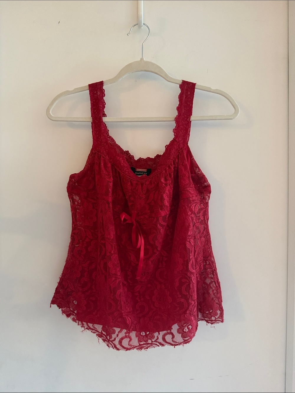 Vintage Y2K Lace Babydoll Tank Top M Red Milkmaid Sleeveless Bow Cami Floral